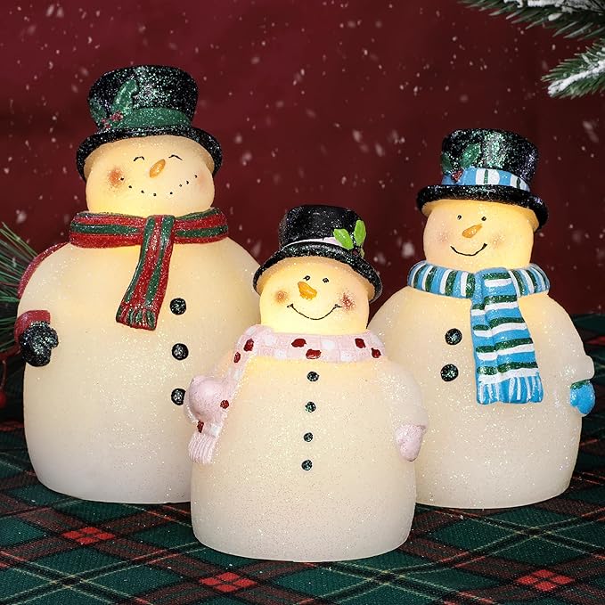 Flameless LED Candles Christmas Holiday Hand-Carved Snowman Sculptures Art Decor Real Wax Battery Operated Dimmable with Remote Timer Flickering Light Xmas Gift Home Room Table Ornaments