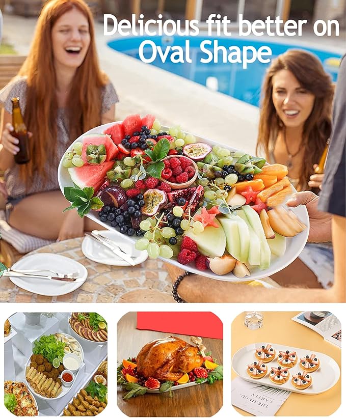 16" Large Serving Platter - Oval Large Serving Tray, Ceramic Turkey Platters, White Platters for Serving Food, Appetizers, Entertaining, Party, Set of 2