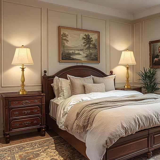 AIDENOEY 28.5" Traditional Table Lamp Set of 2, Rustic Farmhouse Table Lamps for Living Room Bedroom, Bedside Desk Lamps Vintage Nightstand Lamps with Silk Fabric Shades,Antique Gold Table Lamp