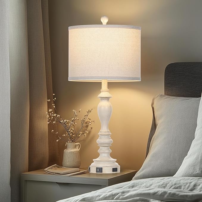 28" Table Lamps with USB C+A Ports & AC Outlets, Farmhouse Rustic Table Lamps Set of 2, Vintage End Table Nightstand Resin Bedside Lamp for Living Room Bedroom, Fabric Linen Shade Washed Antique Beige