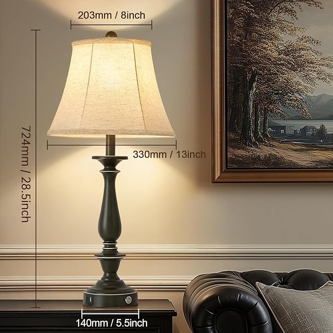 AIDENOEY 28.5" Traditional Table Lamp Set of 2, Rustic Farmhouse Table Lamps for Living Room Bedroom, Bedside Desk Lamps Vintage Nightstand Lamps with Silk Fabric Shades, Taupe with Rubbed Edge