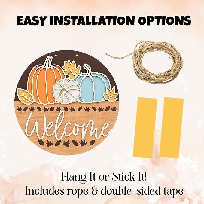Fall Door Decor Pumpkin Welcome Sign β 3D Layered Wood Fall Door Hanger with Autumn Leaves β Rustic Front Door Sign for Fall, Thanksgiving β Elegant Cutout Pumpkin Design (10"x10")