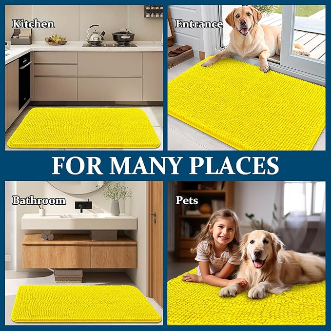 OLANLY Dog Door Mat for Muddy Paws 30x20, Absorbs Moisture and Dirt, Absorbent Non-Slip Washable Doormat, Quick Dry Chenille Mud Mat, Entry Indoor Entryway Carpet for Inside Floor, Lemon Yellow