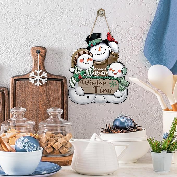 Winter Time Snowman Brown Front Door Sign, Cardinal Red Bird Wood Door Hanger Outdoor Outside Porch Decor, Christmas Seasonal Wooden Wreath Indoor Wall Hanging Decoration