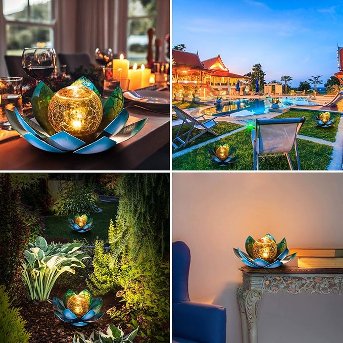 Solar Light Outdoor(2Pack), Art Crackle Globe Glass Lotus Decoration, Solar LED Waterproof Blue Metal Flower Lights for Patio,Lawn,Walkway,Tabletop