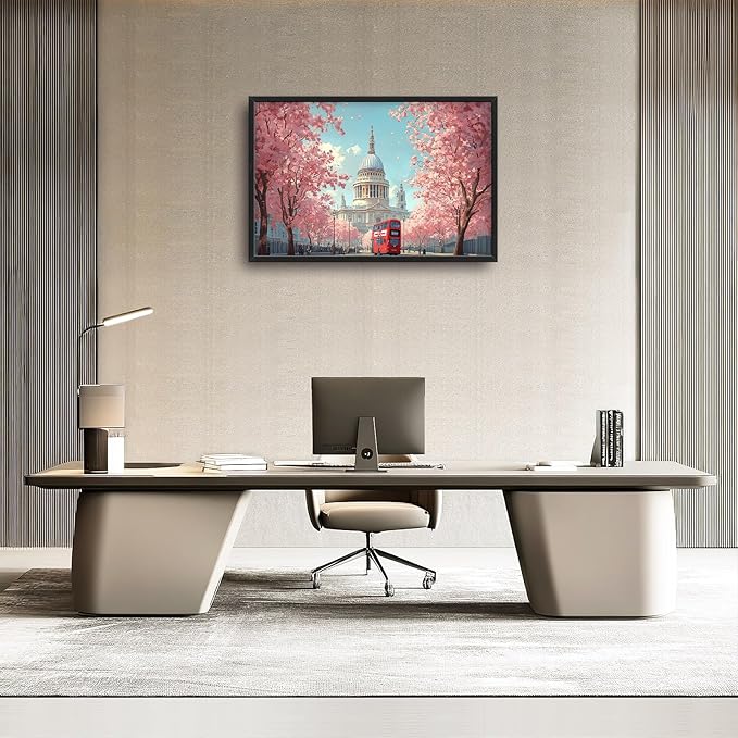 England London Paul’s Cathedral Large Wall Art Cityscape Cherry Blossom Pictures Wall Decor Street Scene Canvas Spring Print Painting Modern Artwork Home Decoration for Living Room Bathroom Bedroom Office Framed 36"x24"