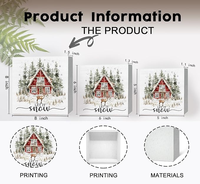 Let It Snow Sign, Winter Christmas Wooden Box Sign, Farmhouse Christmas Decorations, Farmhouse Winter Reindeer Wood Signs For Home Office Desk Table Shelf Decor, 8x8 Inch