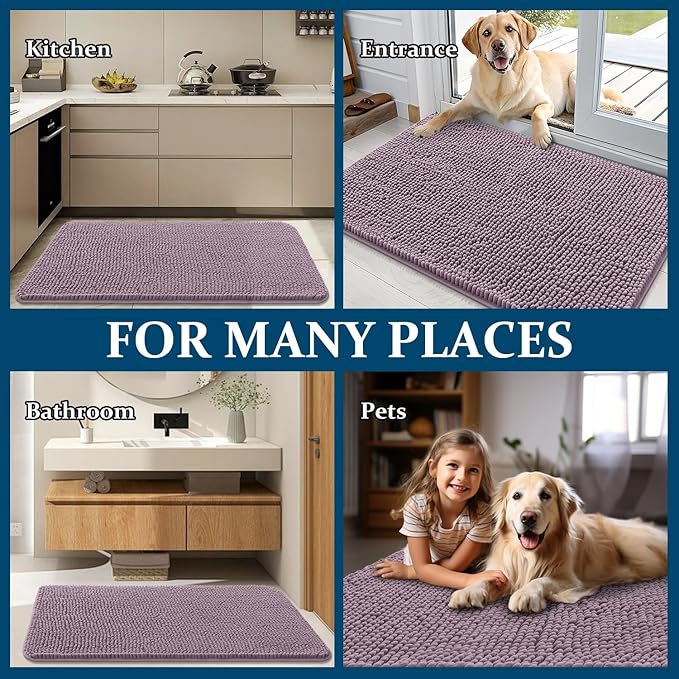 OLANLY Dog Door Mat for Muddy Paws 30x20, Absorbs Moisture and Dirt, Absorbent Non-Slip Washable Doormat, Quick Dry Chenille Mud Mat for Dogs, Entry Indoor Entryway Carpet for Inside Floor, Deep Plum