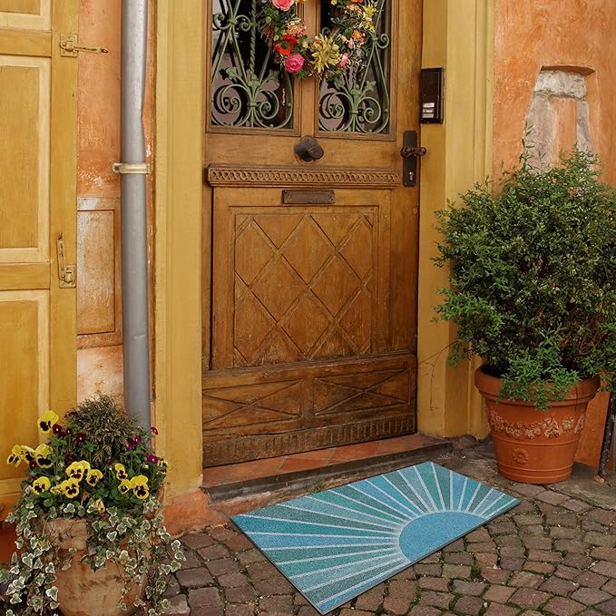 Nogrit Boho Door Mat, Retro Boho Light Blue Sun Sunshine Doormat Bathmat for Indoor Outdoor Entrance, Mid Century Modern Abstract Welcome Mats for Front Door Outside Porch Entryway, 17x30 Inches