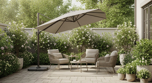 Small patio with umbrella and portable canopy creating comfortable shaded outdoor space