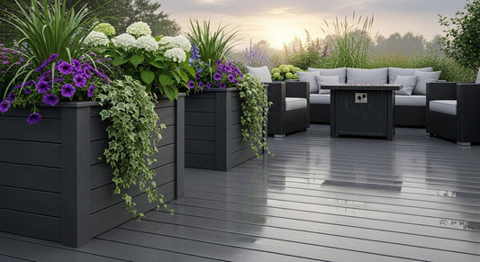 Clean outdoor planters and deck surfaces being maintained after rain