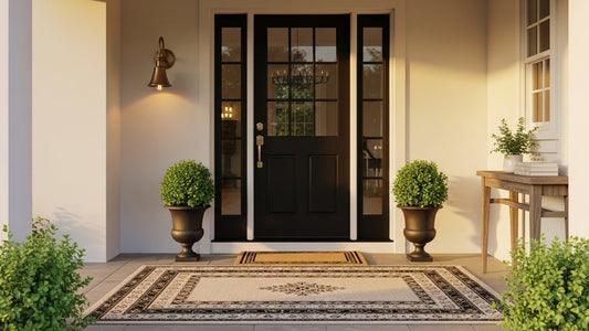 Beautifully styled entry patio with planters, outdoor lighting, and welcoming porch decor