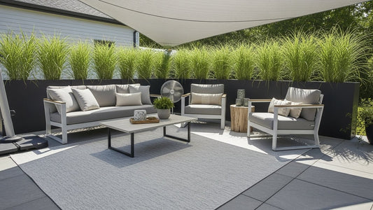Shaded outdoor patio area with umbrella and comfortable seating for summer cooldown