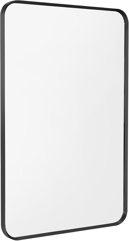 Wall Mount Mirror for Bathroom, Brush Black Metal Framed Rounded Corner Rectangular Vanity Mirror (16" x 20", Black)