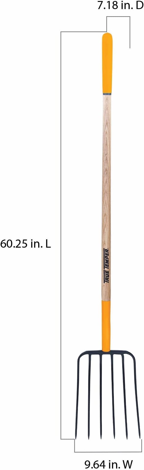 True Temper 6-Tine Steel Manure Fork Pitchfork with Hardwood Handle, 48 in., for Transferring Manure, Mulch with Cushion Grip