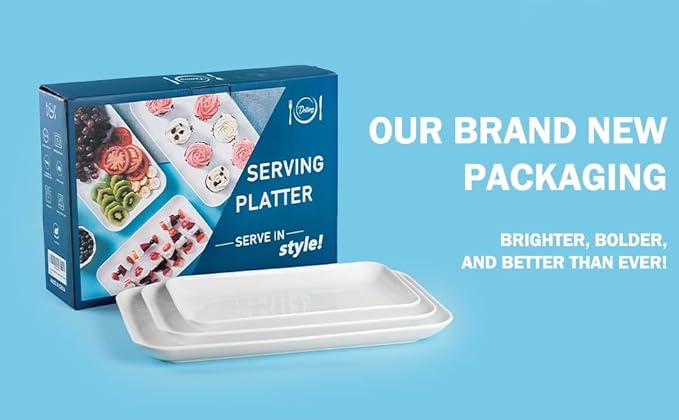 DELLING Large Serving Platter Set 16/14/12inch Large Serving Tray - Rectangular White Serving Trays for Party, Turkey Platter Set of 3, Christmas