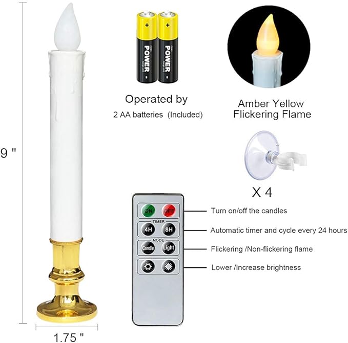 DRomance 9" Flameless Window Taper Candles Battery Operated with 8-Key Remote and Timer, 4 Pack White Christmas Holdiay Window Candles with Gold Holders, Suction Cups and AA Batteries Included