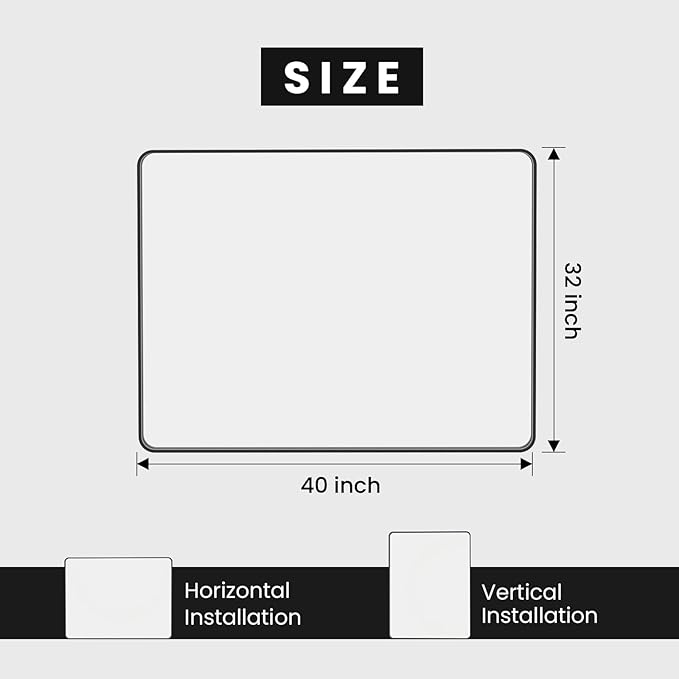 Black Bathroom Mirror 40X32 Inch, Black Metal Framed Mirror for Wall, Rounded Rectangle Matte Bathroom Vanity Mirror with Tempered Glass, Anti-Rust, Horizontal/Vertical