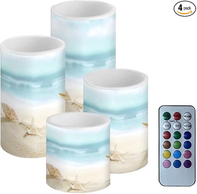 Beach Starfish Seashell Flameless LED Battery Candles 4 Pieces Pillar Fake Candles with Colored Light 4H 8H Timer Remote for Wedding Beach Party Decor