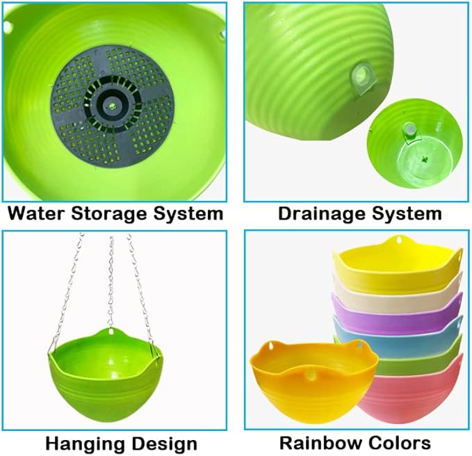 7 Pack 8 Inch Plastic Self-Watering Hanging Planters,Colorful Garden Flower Plant Pot Container,Hanging Plant Baskets with Drainer and Chain for Indoor Outdoor Use,7 Colors