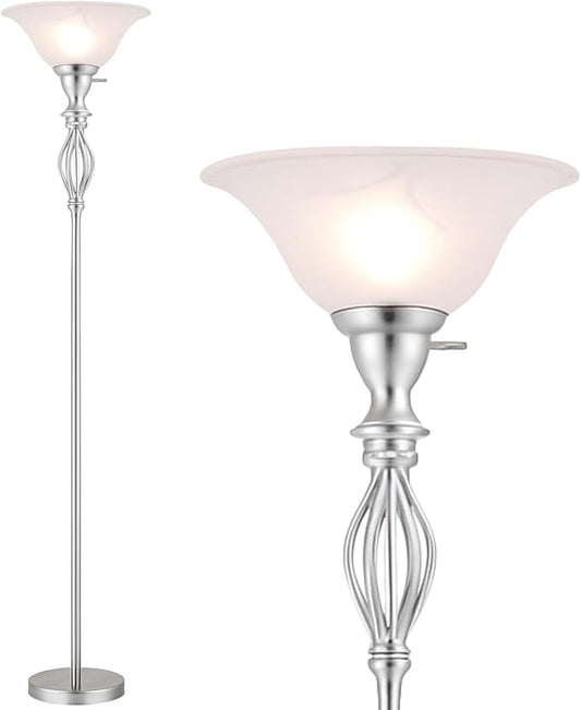 LIGHTACCENTS Torchiere Floor Lamp with White Alabaster Glass Shade – Tall Standing Lamp with Iron Scrollwork and Brushed Nickel Finish – Modern Floor Lamp for Living Room and Office
