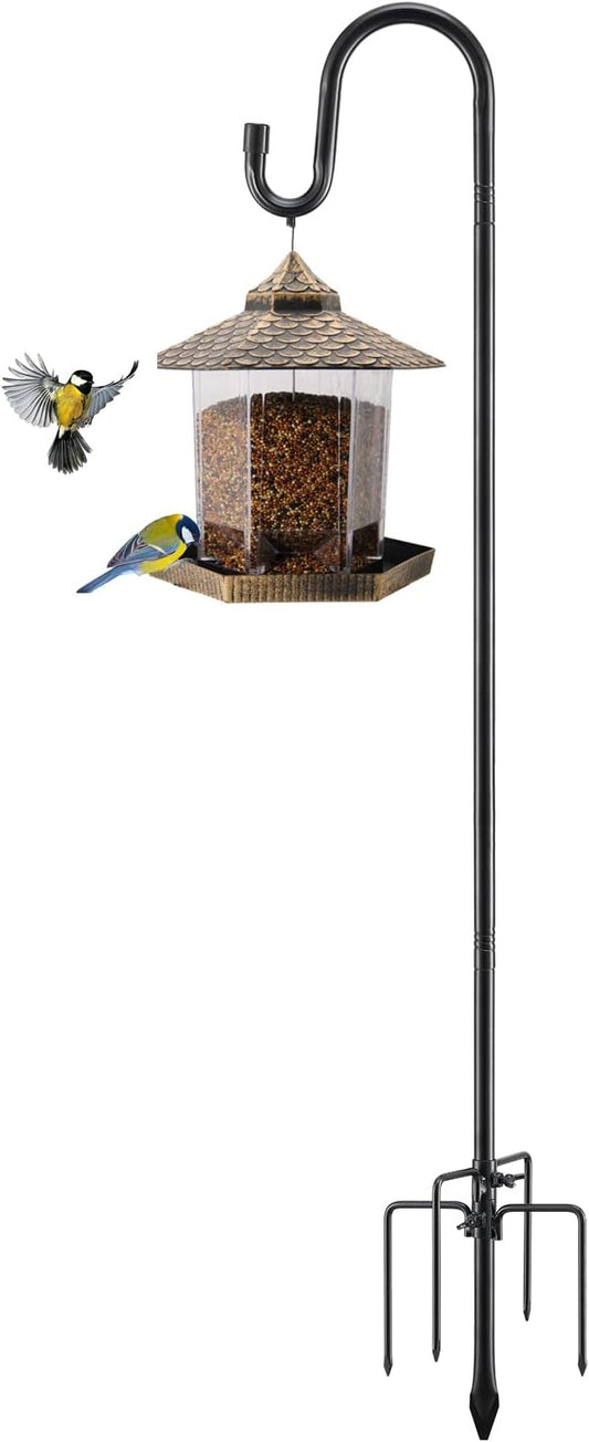 Bird Feeder Pole, 46 Inch & 5/8 Inch Diameter Stainless Steel Heavy Duty Shepherds Hooks for Outdoor to Hang Outdoor Lights with 5 Prongs Base, Rustproof for Garden Decor or Wedding Decors(Black)