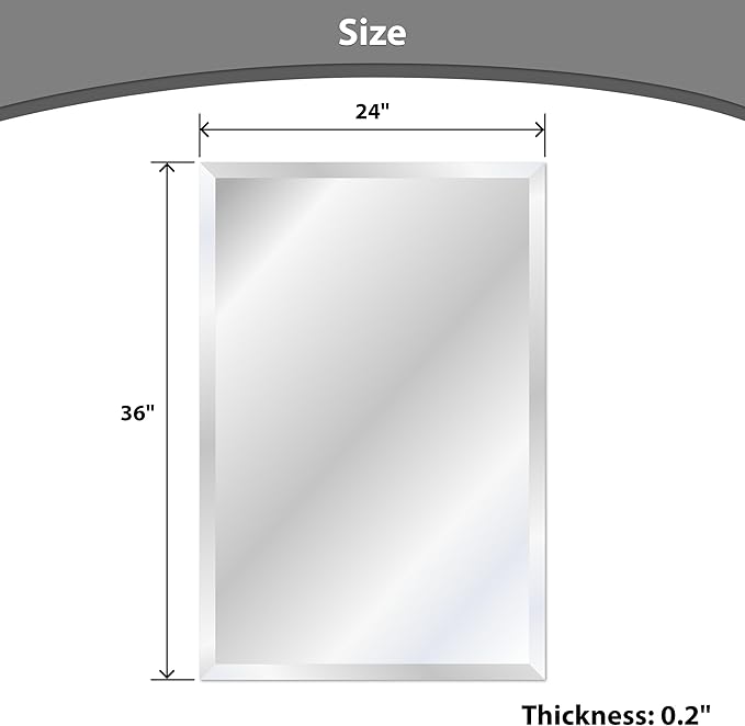 Rectangle Bevelled Frameless Mirror - Wall Mirror 24” x 36”, Shatterproof Modern Bathroom Mirror for Gym, Bathroom Vanity, Entryways with Bevelled Edge, Horizontally or Vertically