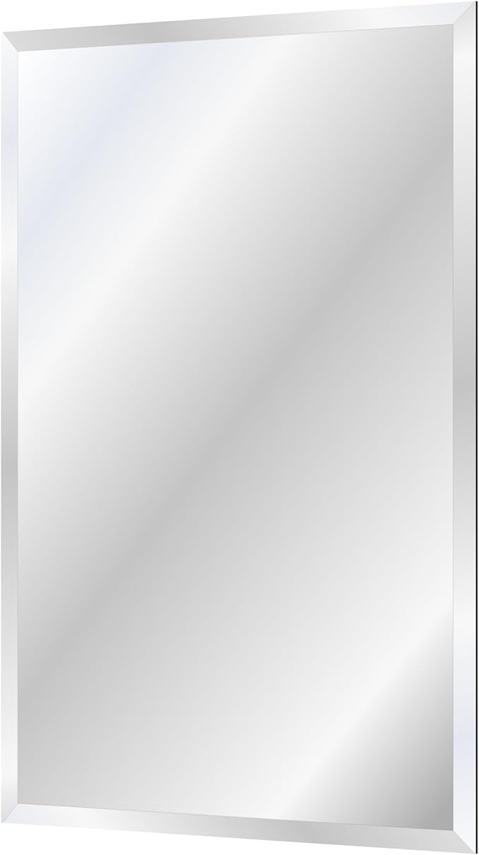 Rectangle Bevelled Frameless Mirror - Wall Mirror 24” x 36”, Shatterproof Modern Bathroom Mirror for Gym, Bathroom Vanity, Entryways with Bevelled Edge, Horizontally or Vertically