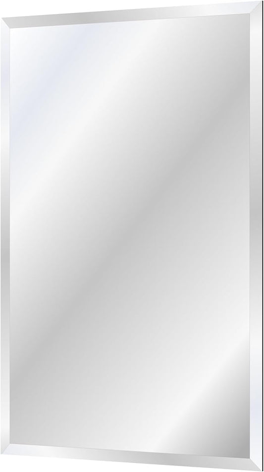 Rectangle Bevelled Frameless Mirror - Wall Mirror 24” x 36”, Shatterproof Modern Bathroom Mirror for Gym, Bathroom Vanity, Entryways with Bevelled Edge, Horizontally or Vertically