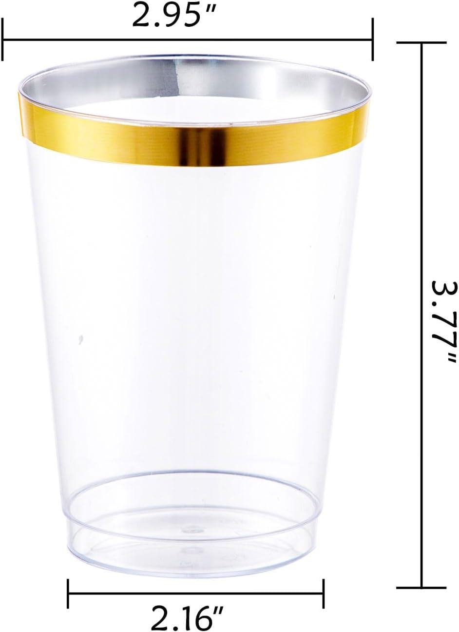 I00000 100PCS Gold Plastic Cups,10 oz Clear Plastic Cups with Gold Trim, Beer Mugs，Disposable Hard Cup For Party, Premium Cup Perfect for Wedding & Party