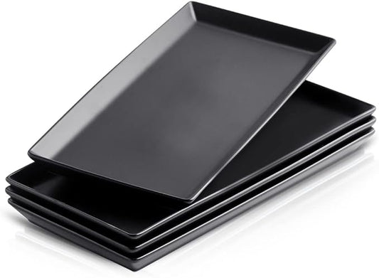 Ceramic Serving Tray, 14 Inches Large Serving Platter, Rectangular Serving Tray, Porcelain Serving Plates, Ceramic Serving Dishes for Dinner, Party, Sushi, Dessert, Food, Set of 4 (Matte Black)