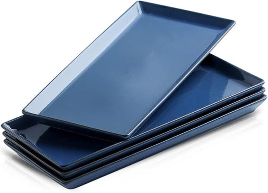 Ceramic Serving Tray, 14 Inches Large Serving Platter, Rectangular Serving Tray, Porcelain Serving Plates, Ceramic Serving Dishes for Dinner, Party, Sushi, Dessert, Food, Set of 4 (Stone Blue)