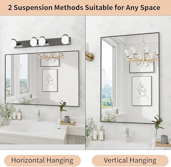 Koonmi Black Mirrors for Wall, 30x48 Inch Bathroom Mirror, Rectangular Wall Mirror for Living Room Bedroom Bathroom, Hangs Horizontally or Vertically