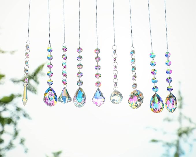 KANPURA 9 PCS Crystal Rainbow Suncatchers, Hanging Crystals Sun Catchers with Chain for Windows, Colorful Suncatcher Prism Pendant Hanging Crystals for Home Wedding Decor