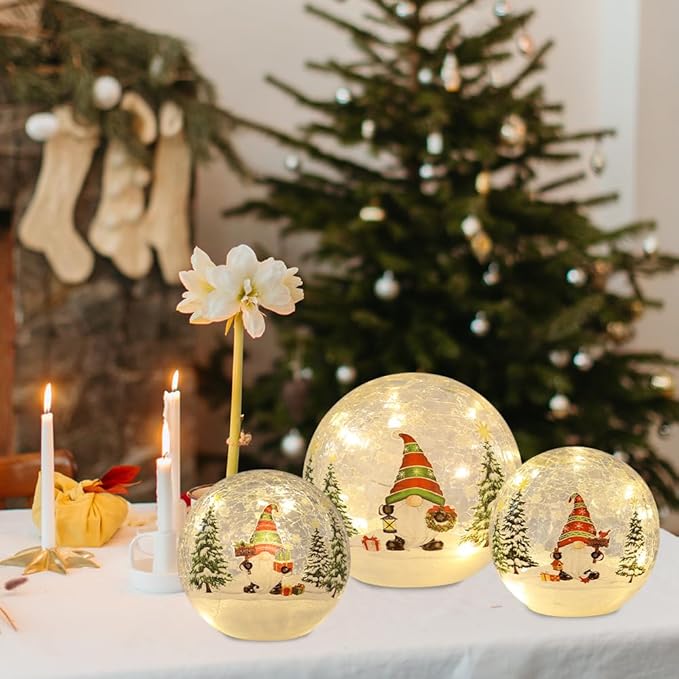 PHITRIC Christmas Decorations Indoor, 3 PCS Sparkling Christmas Gnomes Globes with LED Lights and Timer, Xmas Table Decor Centerpieces Crackle Glass Ball for Fireplace, Home, Tabletop, Mantel, Shelf