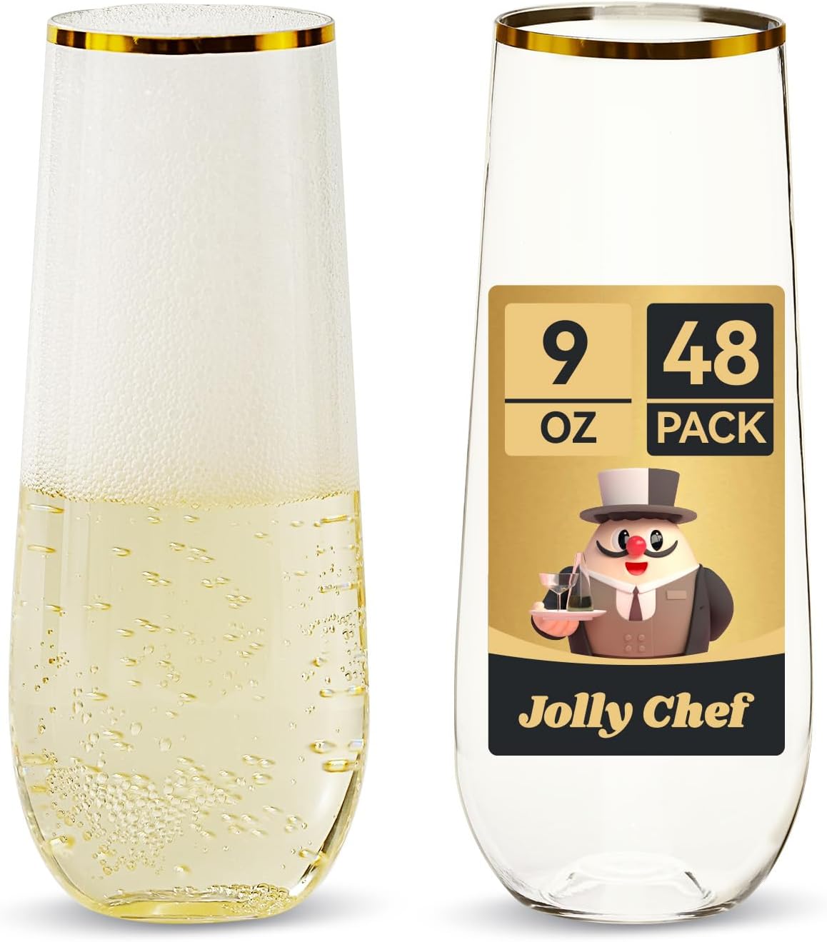 JOLLY CHEF 48 Pack Plastic Champagne Flutes, 9 oz Gold Stemless Champagne Flutes, Plastic Champagne Glasses, Shatterproof Recyclable Mimosa Glasses for Party Wedding Birthday