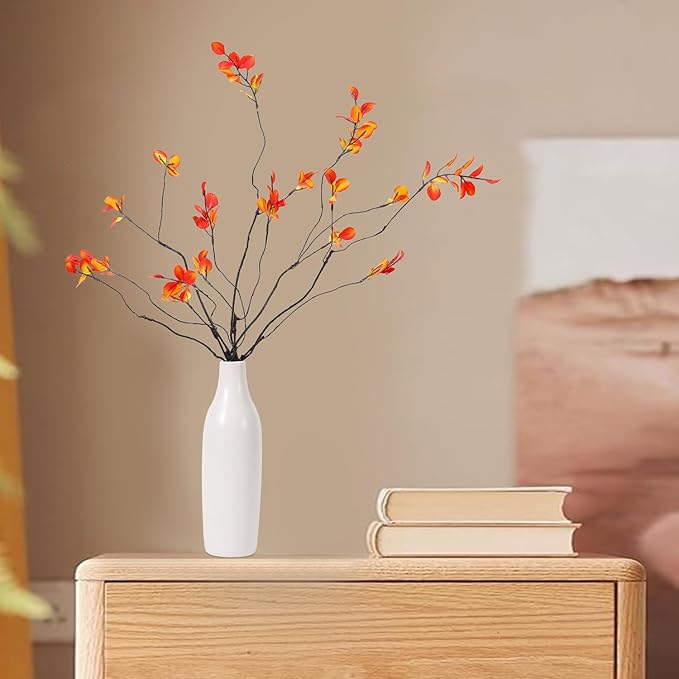 5Pcs Fall Stems Artificial Ficus Branches with Vases,Fall Faux Eucalyptus Stems in Flower Vase,Yellow Fake Plant leaves for Thanksgiving Autumn Home Bedroom Decor Centerpiece Table Decoration