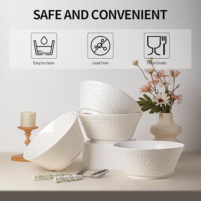 Yeacccng Deep Soup Bowls Set of 4, 58oz Large Cereal Bowls, Large Soup Bowl for Kitchen, 8.2 Inch Embossment Decorative Bowls, Dishwasher & Microwave Safe, Scratch-Resistant, Lead-Free, Easy Clean