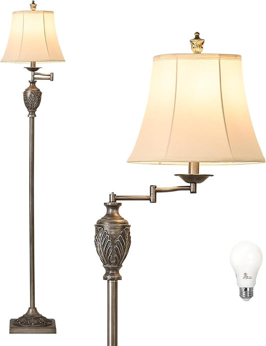 Traditional LED Floor Lamp with 350° Adjustable Swing Arm Lamp – Vintage Standing Pole lamp for Living Room, Bedroom and Office – Rustic Upright Floor Light for Home Décor with Silk Fabric Shade