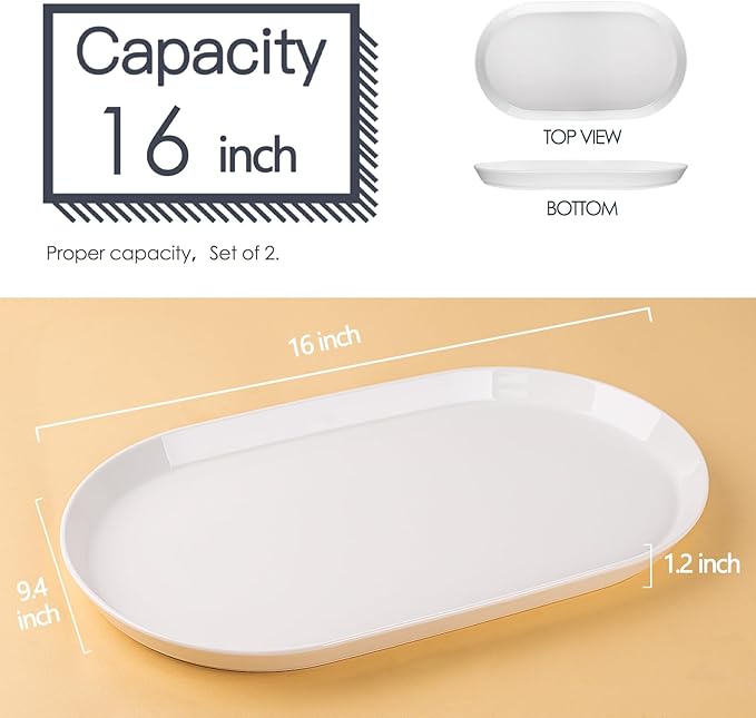 16" Large Serving Platter - Oval Large Serving Tray, Ceramic Turkey Platters, White Platters for Serving Food, Appetizers, Entertaining, Party, Set of 2