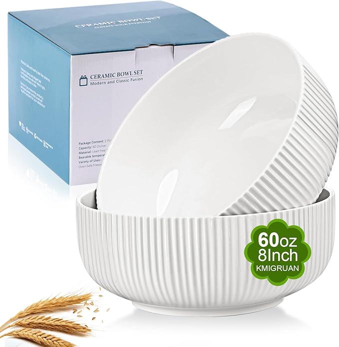60oz Salad Bowl Set,2 Pack Serving Bowls for Entertaining,8inch Large White Ceramic Bowl for Side Dishes,Soup, Pho, Cereal, Pasta, Fruit, Microwave and Dishwasher Safe