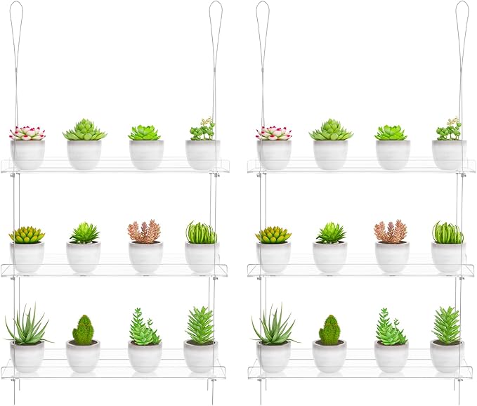 Clear Hanging Window Plant Shelves,2-Pack 3-Tier,Indoor Windows Wall Hanging Plant Stand Flower Display,Flower Pot Organizer Storage for Window Grow Herbs,Microgreens,Succulents,Flower,16-Inch
