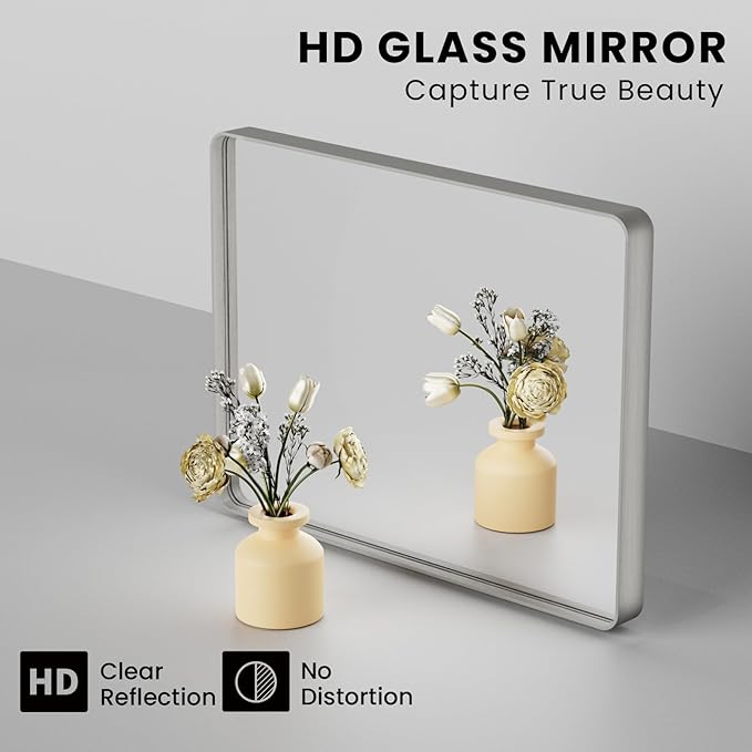 Brushed Nickel Bathroom Mirror 38x38 Inch, Brushed Silver Metal Frame Mirror Wall Mounted, Rounded Bathroom Vanity Mirror, Tempered Glass, Anti-Rust, Horizontal/Vertical