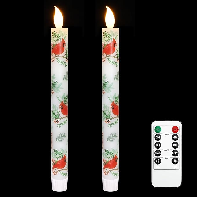 Cardinal Bird Flameless Taper Candles with Remote - Red Bird Theme LED Taper Candles for Home Xmas Holiday Party Christmas Decoration - 2PCS 9.5INCH