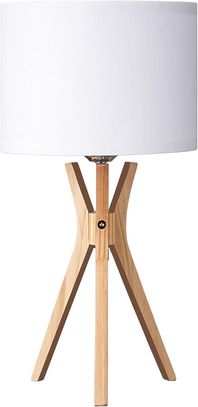 EDISHINE Modern Tripod Table Lamp, 17.5" Bedside Lamp with Natural Wood Light Legs & White Linen Lampshade, Nightstand Lamp for Bedroom, Living Room, Reading Room, E26 Base