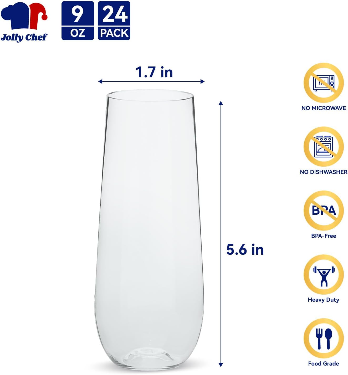 JOLLY CHEF 24 Pack Stemless Plastic Champagne Flutes 9 oz, Crystal Clear Stemless Plastic Toasting Glasses, Clear Disposable Unbreakable Drinkware Ideal for Wedding, Birthday, Party