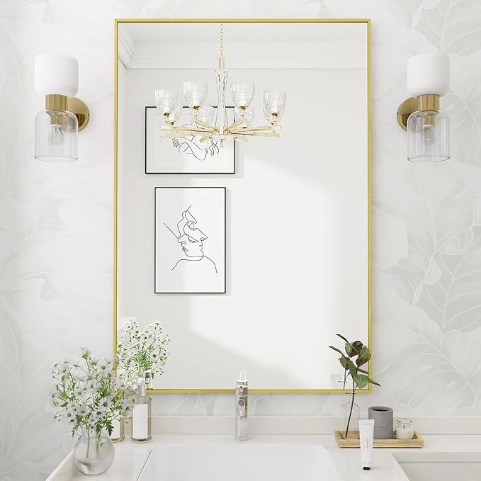 Koonmi Gold Mirrors for Wall, 26x38 Inch Bathroom Mirror, Rectangular Wall Mirror for Living Room Bedroom Bathroom, Hangs Horizontally or Vertically