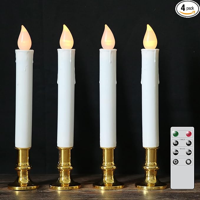 DRomance 9" Flameless Window Taper Candles Battery Operated with 8-Key Remote and Timer, 4 Pack White Christmas Holdiay Window Candles with Gold Holders, Suction Cups and AA Batteries Included
