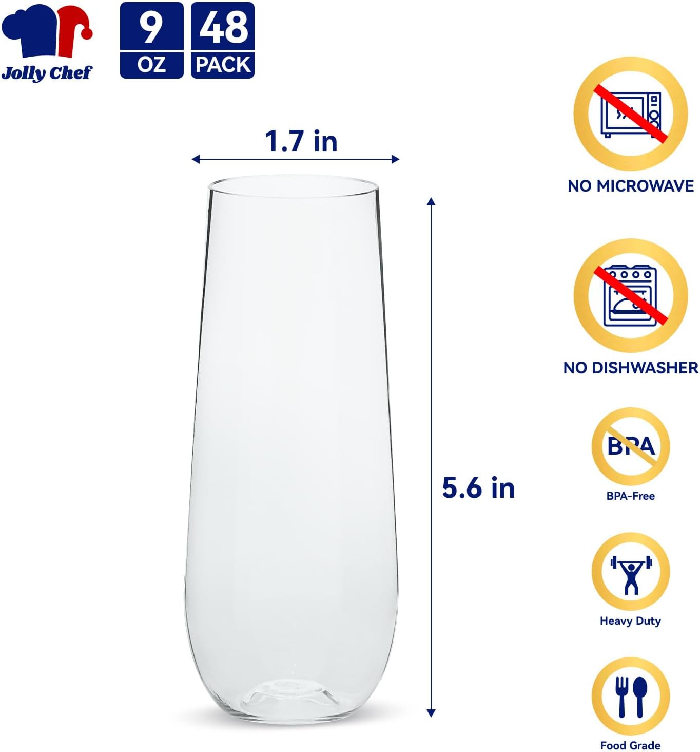 JOLLY CHEF 48 Pack Stemless Plastic Champagne Flutes 9 oz, Crystal Clear Stemless Plastic Toasting Glasses, Clear Disposable Unbreakable Drinkware Ideal for Wedding, Birthday, Party