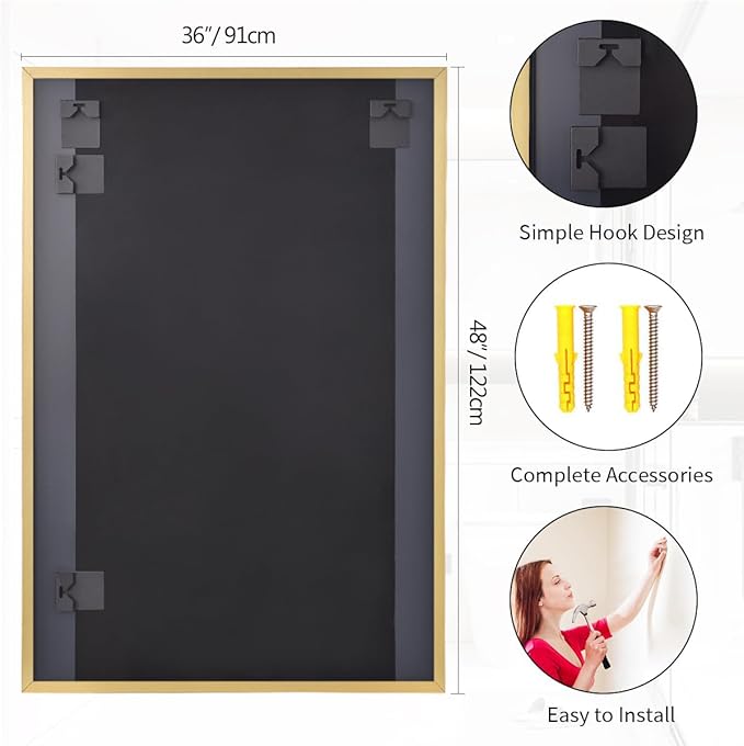 Koonmi Gold Mirrors for Wall, 36x48 Inch Bathroom Mirror, Rectangular Wall Mirror for Living Room Bedroom Bathroom, Hangs Horizontally or Vertically